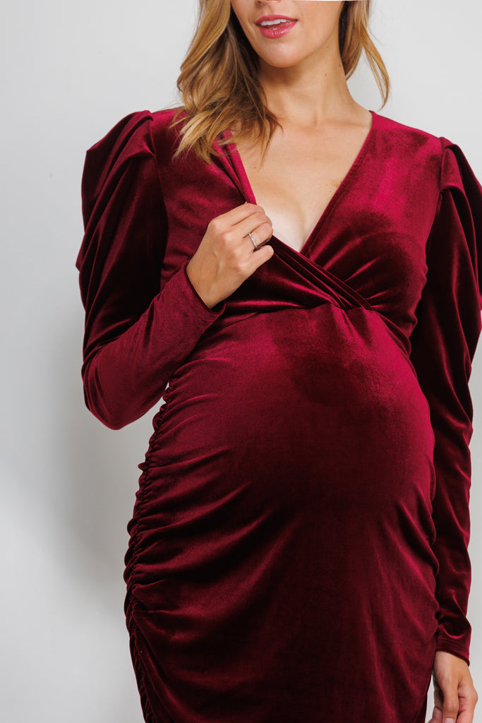 Burgundy Velvet Puff Sleeve Maternity Dress W/Ruched Sides