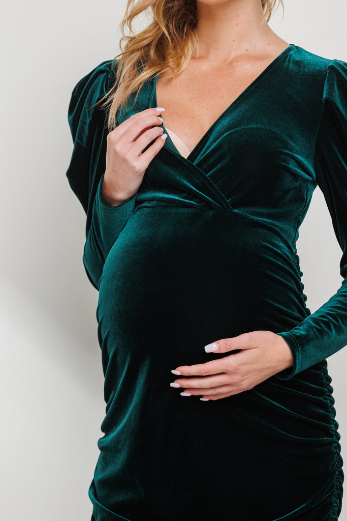 Hunter Green Velvet Puff Sleeve Maternity Dress W/Ruched Sides