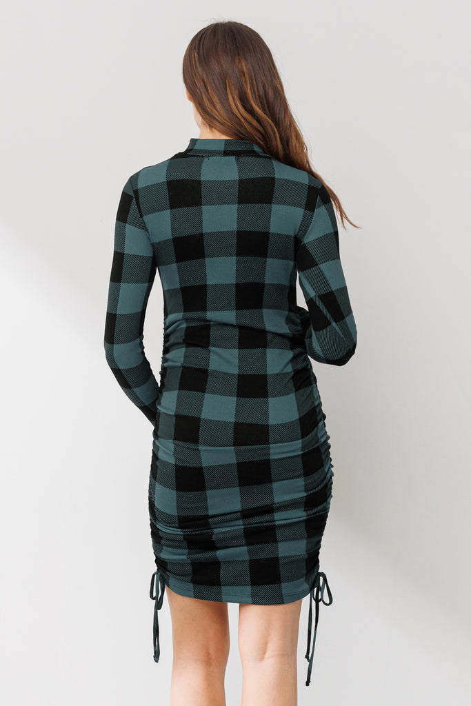 Teal Side Ruched Plaid Maternity Dress