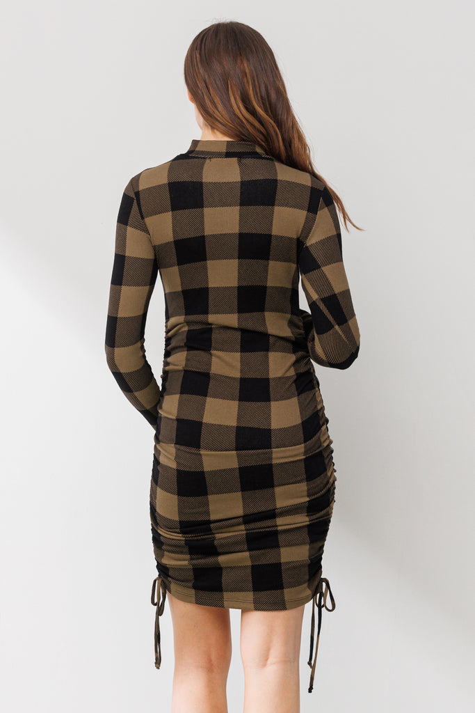 Taupe Side Ruched Plaid Maternity Dress