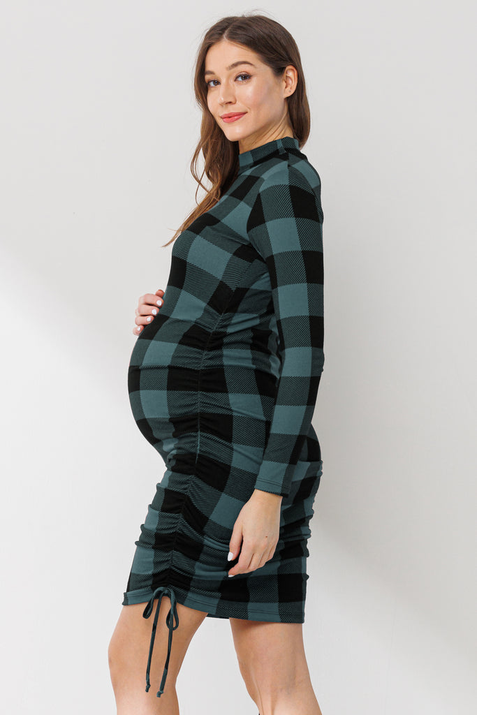 Teal Side Ruched Plaid Maternity Dress