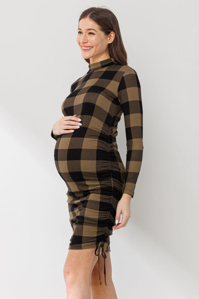 Taupe Side Ruched Plaid Maternity Dress