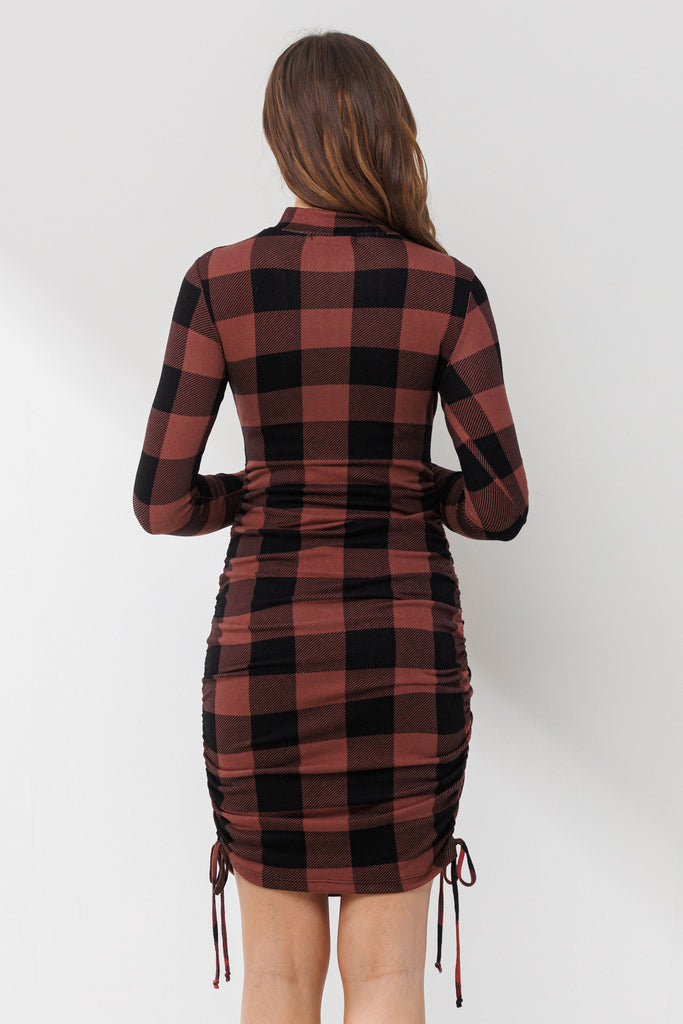 Dark Mauve Side Ruched Plaid Maternity Dress