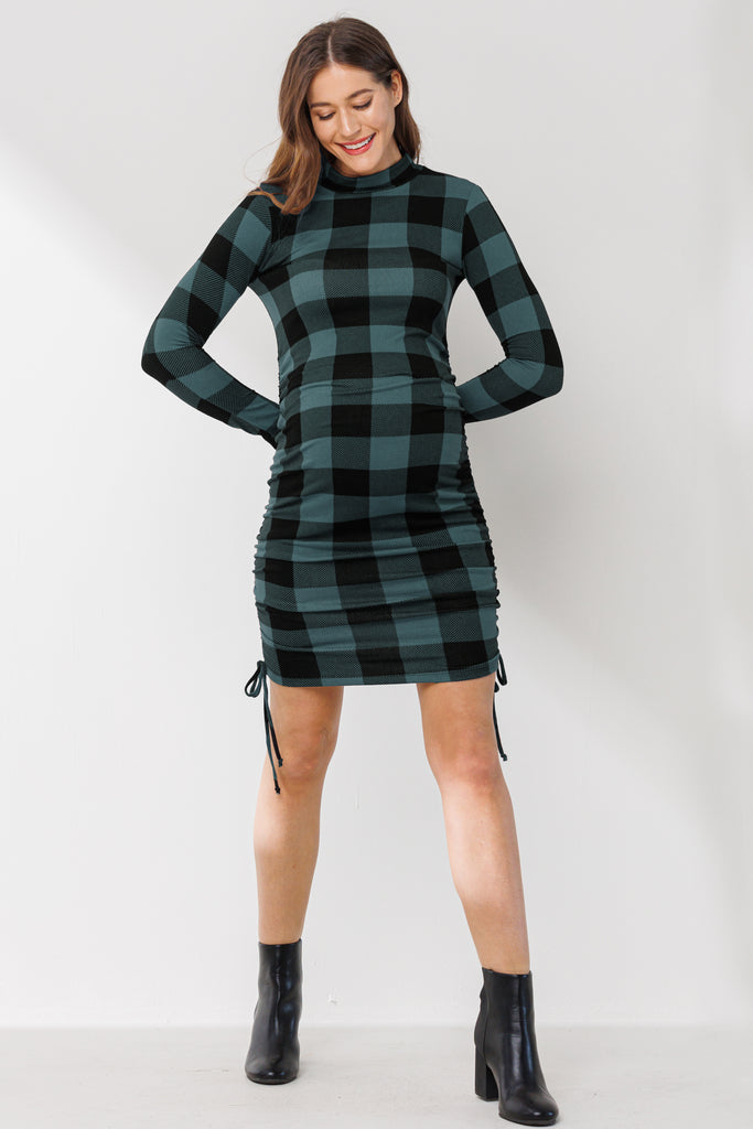 Teal Side Ruched Plaid Maternity Dress