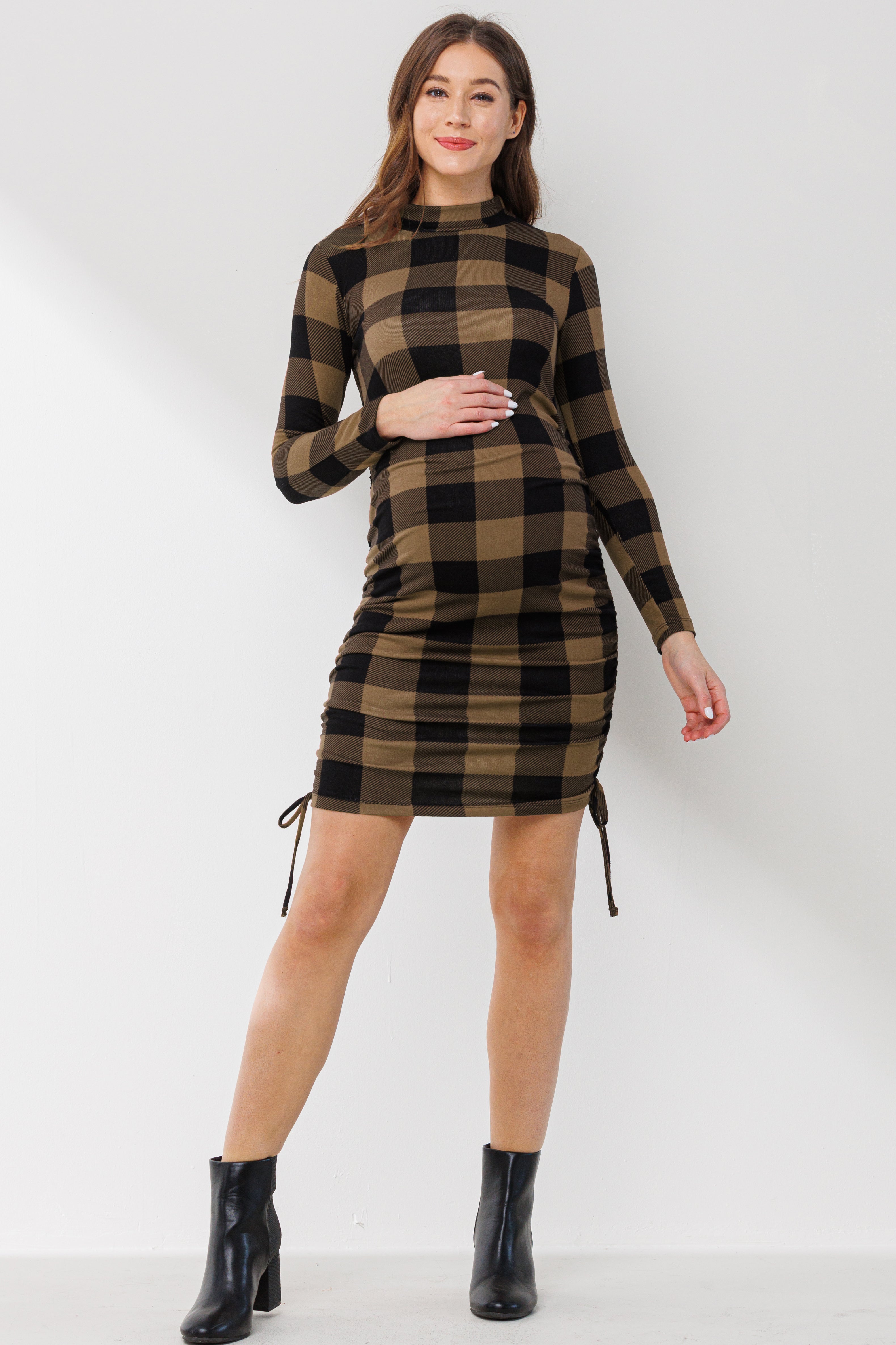 Side Ruched Plaid Maternity Dress Dark Mauve / Small Side Ruched Plaid Maternity Dress Dark Mauve / Small