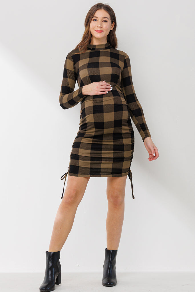 Taupe Side Ruched Plaid Maternity Dress