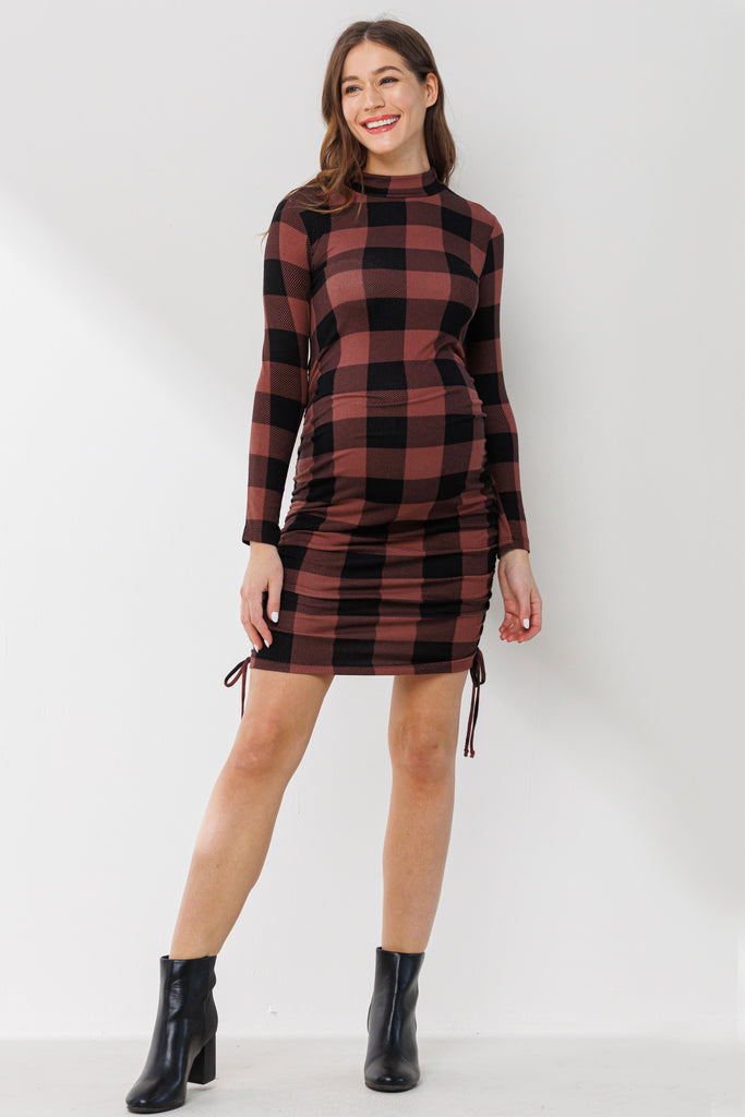 Dark Mauve Side Ruched Plaid Maternity Dress