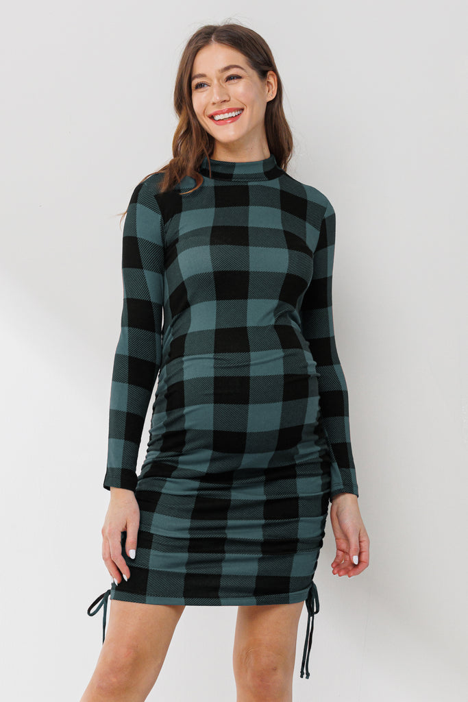 Teal Side Ruched Plaid Maternity Dress