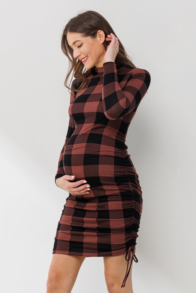 Dark Mauve Side Ruched Plaid Maternity Dress