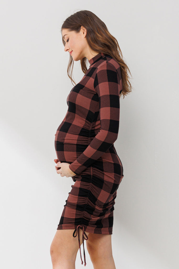 Dark Mauve Side Ruched Plaid Maternity Dress