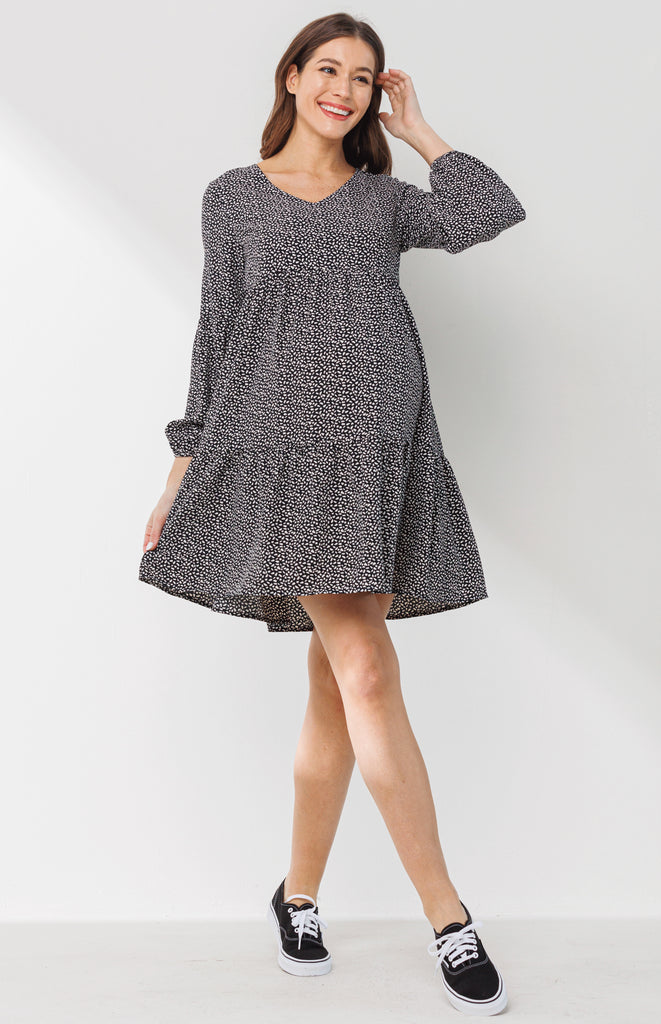 Black Peasant-Sleeve Babydoll Maternity Mini Dress