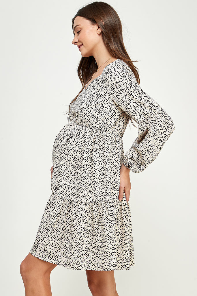 Taupe Peasant-Sleeve Babydoll Maternity Mini Dress