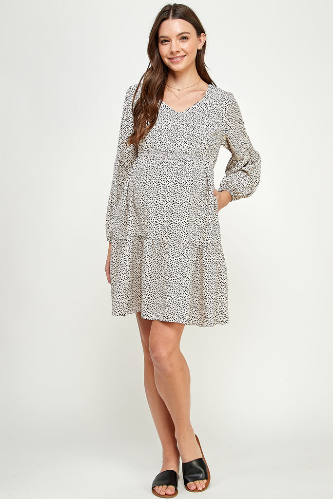 Taupe Peasant-Sleeve Babydoll Maternity Mini Dress