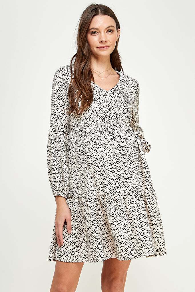 Taupe Peasant-Sleeve Babydoll Maternity Mini Dress