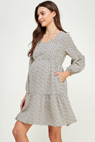 Taupe Peasant-Sleeve Babydoll Maternity Mini Dress