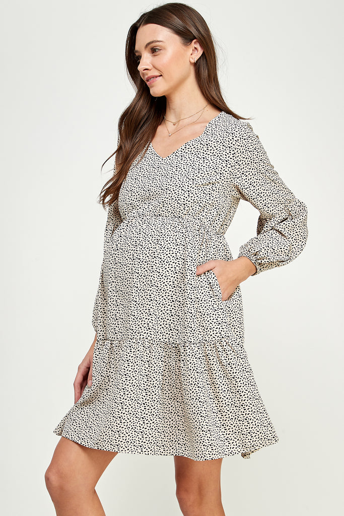 Taupe Peasant-Sleeve Babydoll Maternity Mini Dress