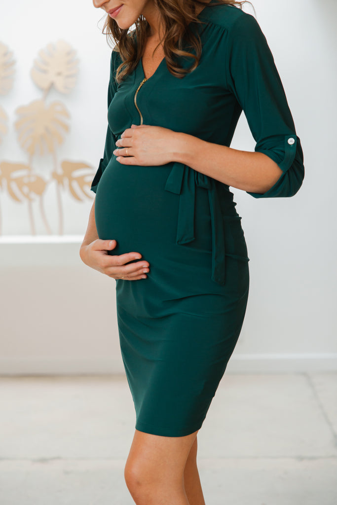 Green 3/4 Adjustable Sleeve Zip Up Maternity Dress