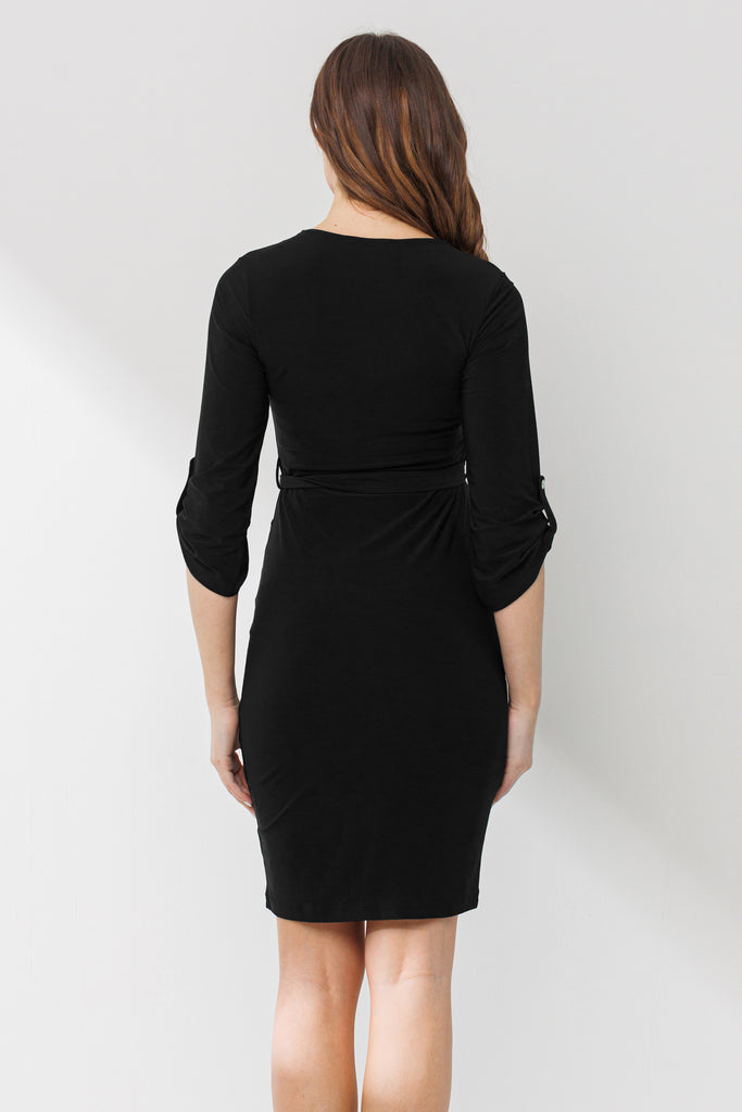 Black 3/4 Adjustable Sleeve Zip Up Maternity Dress