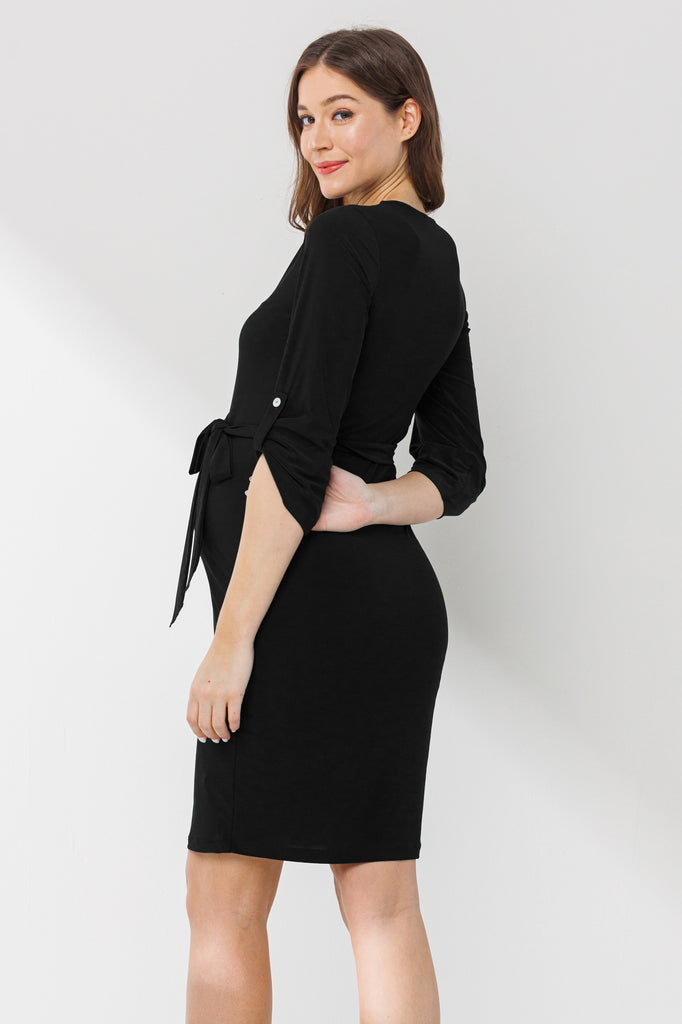 Black 3/4 Adjustable Sleeve Zip Up Maternity Dress