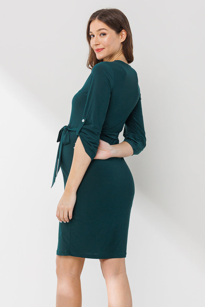 Green 3/4 Adjustable Sleeve Zip Up Maternity Dress