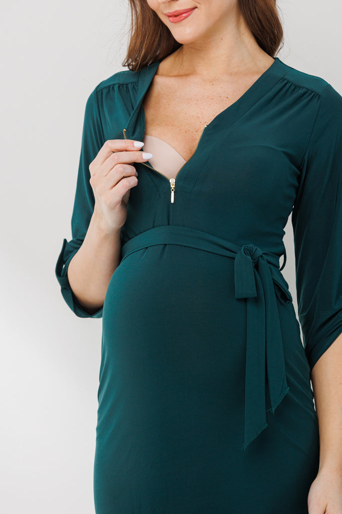 Green 3/4 Adjustable Sleeve Zip Up Maternity Dress