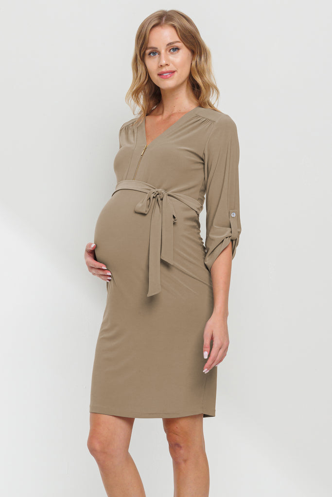 Taupe 3/4 Adjustable Sleeve Zip Up Maternity Dress