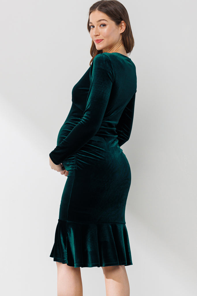 Hunter Green Velvet V-Neck Mermaid Hem Maternity Dress