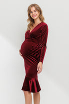 Burgundy Velvet V-Neck Mermaid Hem Maternity Dress