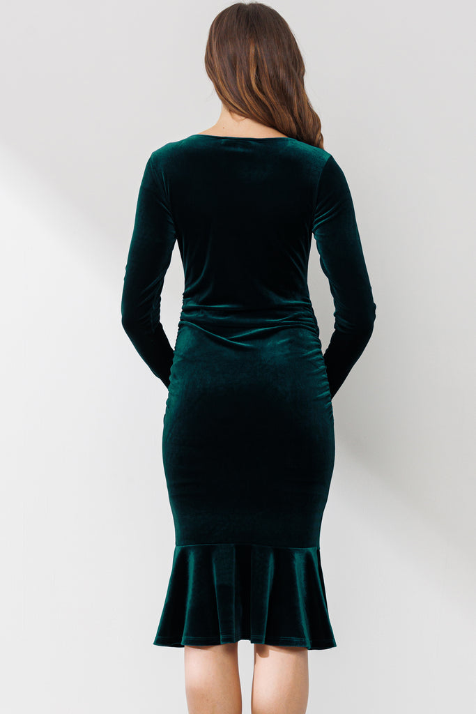 Hunter Green Velvet V-Neck Mermaid Hem Maternity Dress