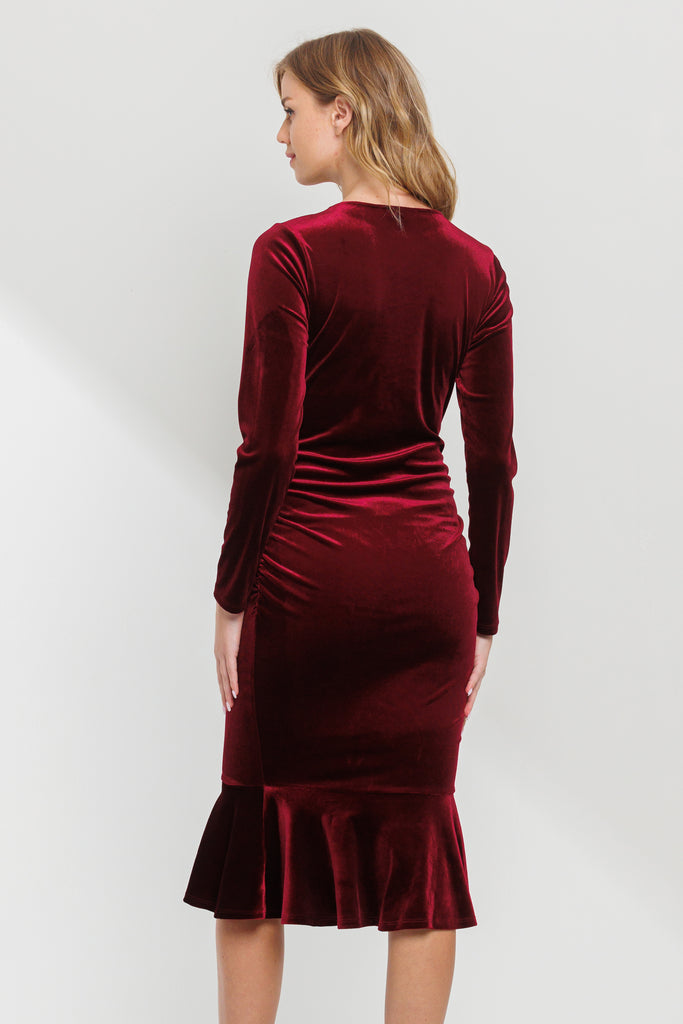 Burgundy Velvet V-Neck Mermaid Hem Maternity Dress