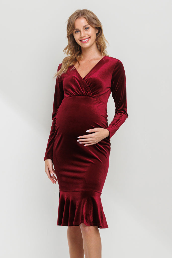 Burgundy Velvet V-Neck Mermaid Hem Maternity Dress