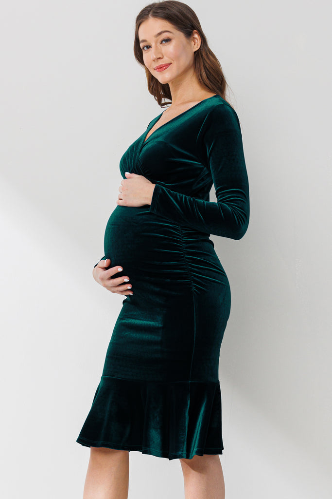Hunter Green Velvet V-Neck Mermaid Hem Maternity Dress