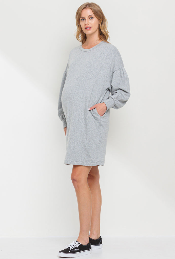 Heather Grey Crew Neck Maternity Sweater Dress w/ Pockets
