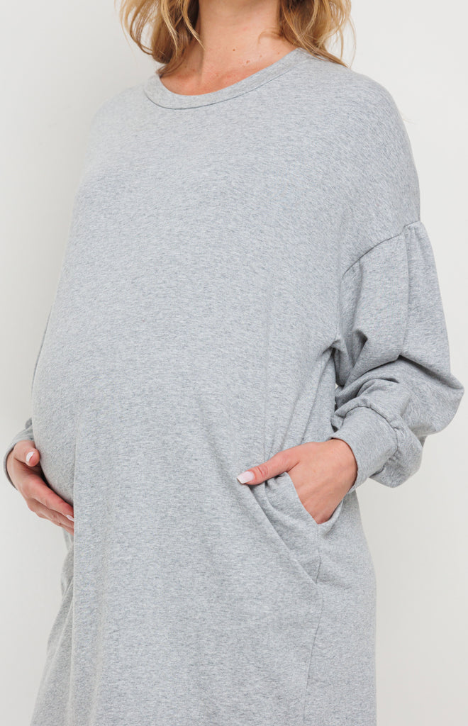 Heather Grey Crew Neck Maternity Sweater Dress w/ Pockets