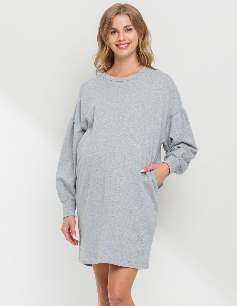 Heather Grey Crew Neck Maternity Sweater Dress w/ Pockets