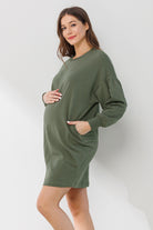 Olive Crew Neck Maternity Sweater Dress w/ Pockets