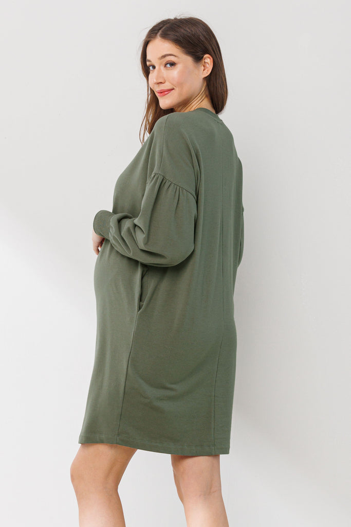 Olive Crew Neck Maternity Sweater Dress w/ Pockets