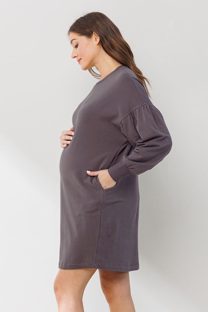 Dusty Lilac Crew Neck Maternity Sweater Dress w/ Pockets