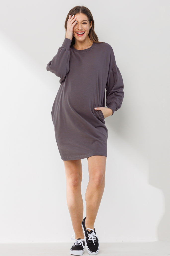 Dusty Lilac Crew Neck Maternity Sweater Dress w/ Pockets