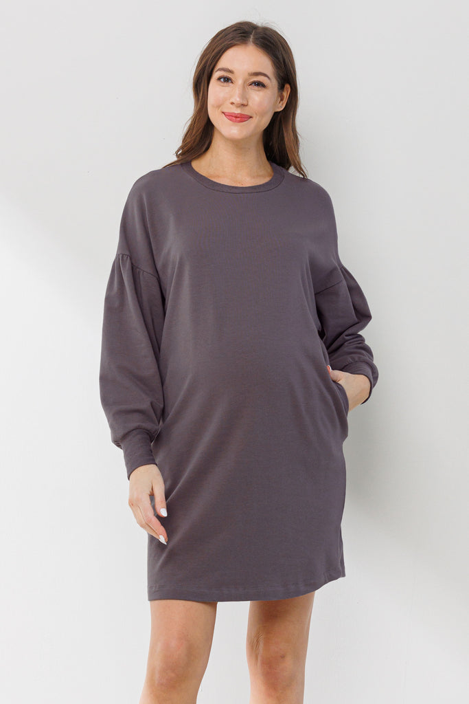 Dusty Lilac Crew Neck Maternity Sweater Dress w/ Pockets