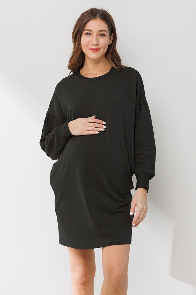 Black Crew Neck Maternity Sweater Dress w/ Pockets