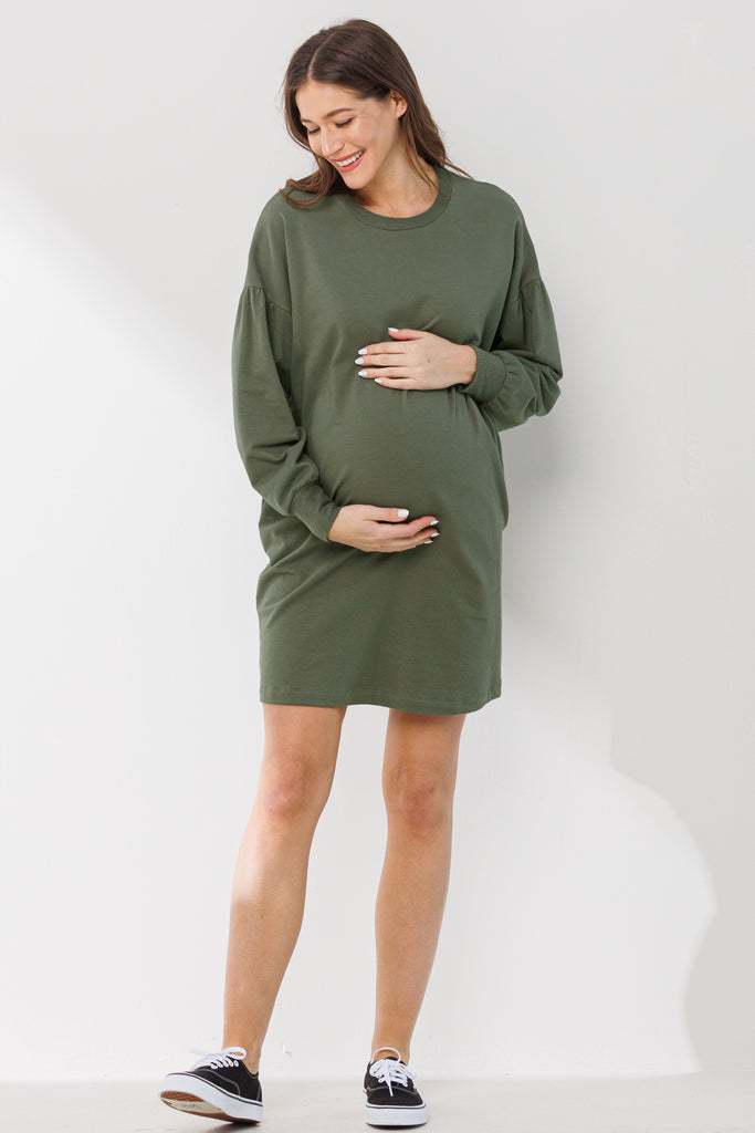 Olive Crew Neck Maternity Sweater Dress w/ Pockets