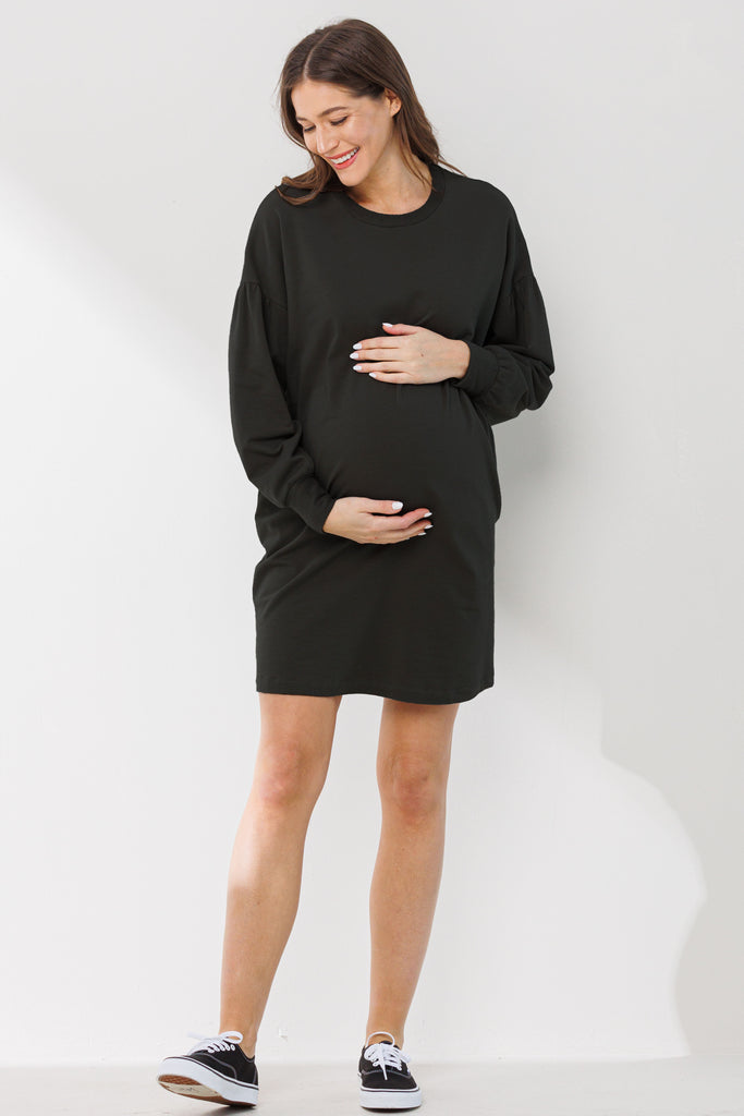 Black Crew Neck Maternity Sweater Dress w/ Pockets