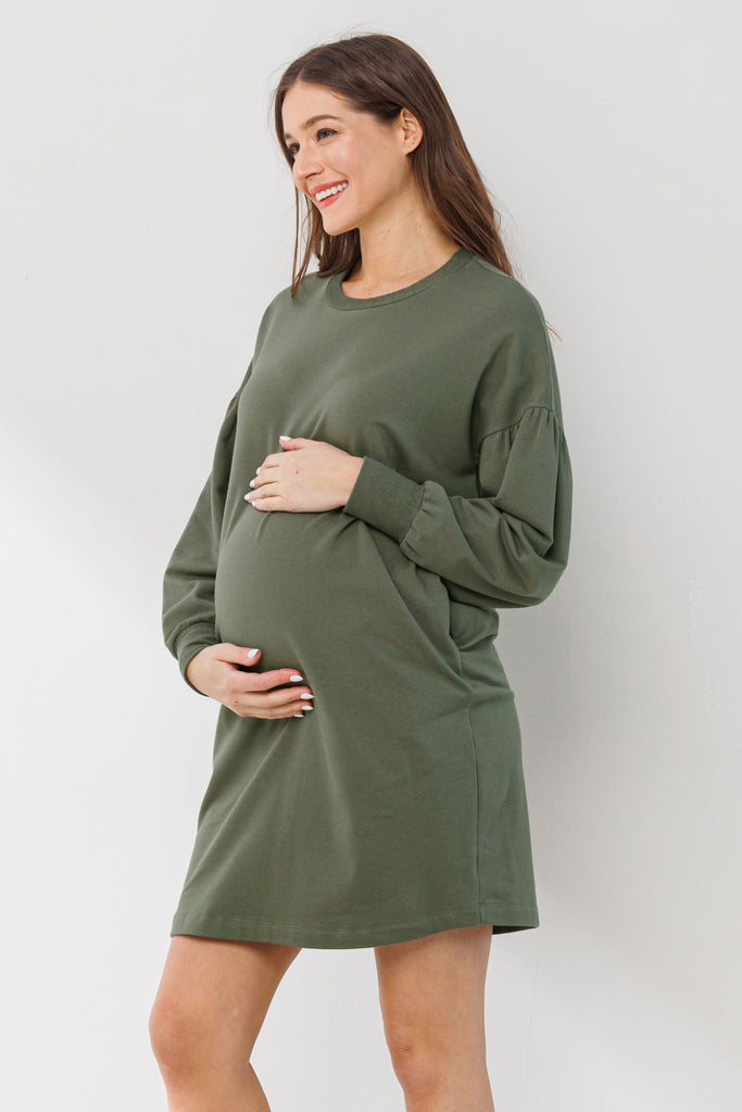 Olive Crew Neck Maternity Sweater Dress w/ Pockets