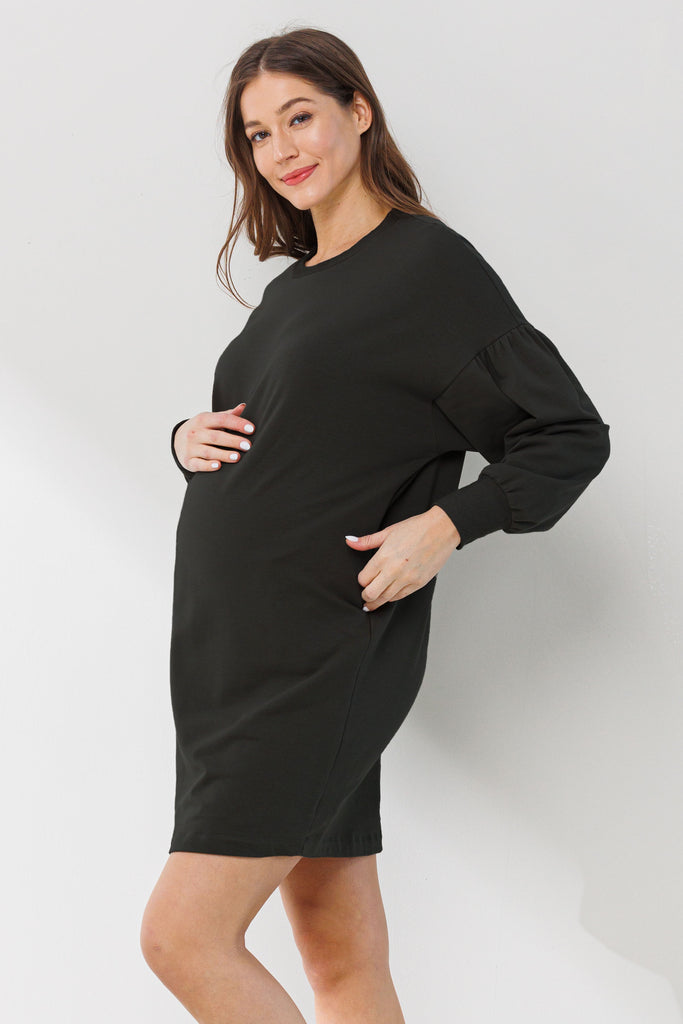 Black Crew Neck Maternity Sweater Dress w/ Pockets