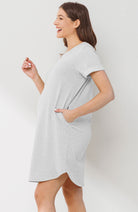 Heather Grey Crew Neck T-Shirt Maternity Dress with Pockets Side