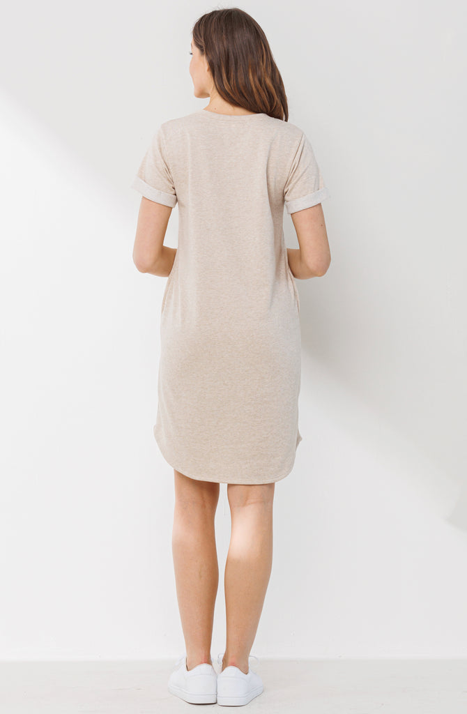 Oatmeal Crew Neck T-Shirt Maternity Dress with Pockets Back