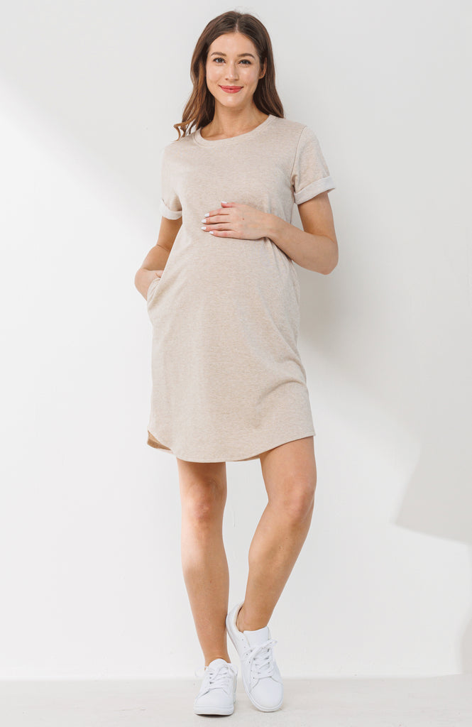 Oatmeal Crew Neck T-Shirt Maternity Dress with Pockets