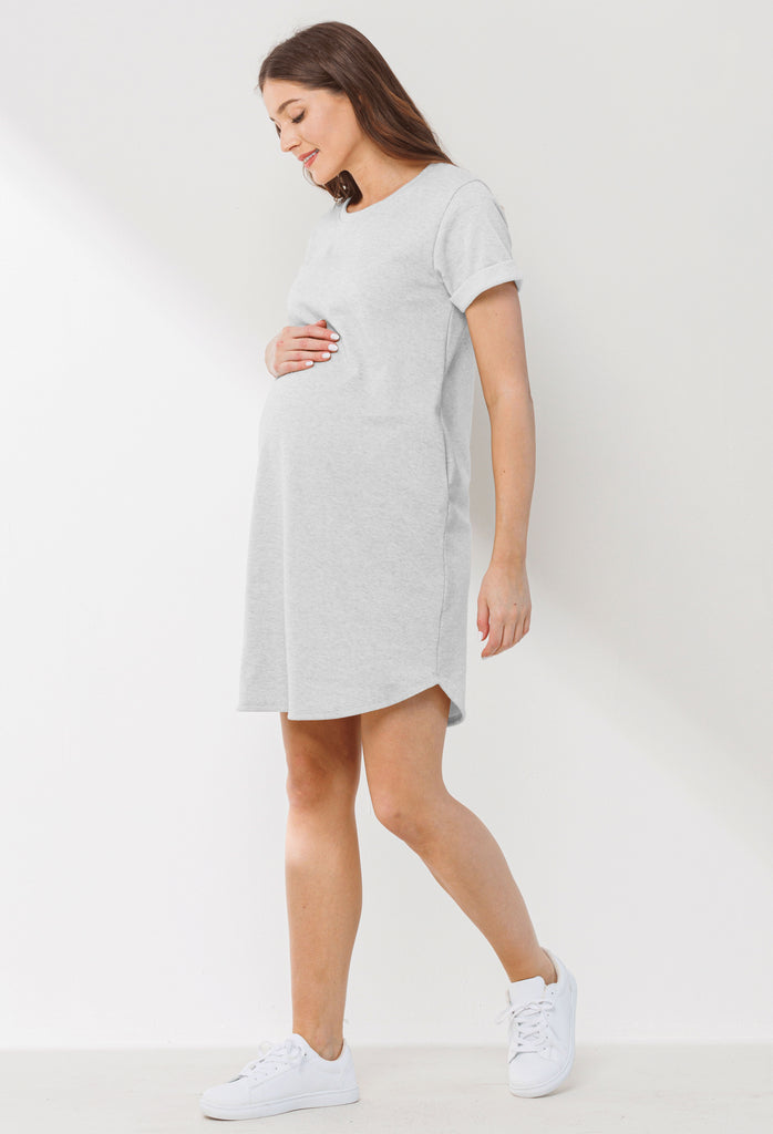 Heather Grey Crew Neck T-Shirt Maternity Dress with Pockets Side