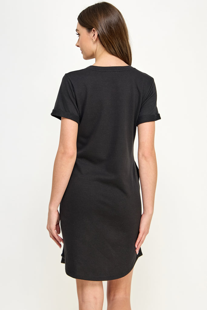 Black Crew Neck T-Shirt Maternity Dress with Pockets Back